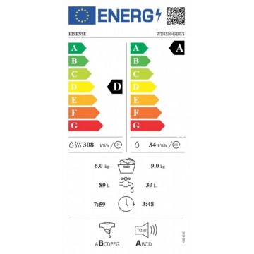 Hisense WD3S9043BW3 Πλυντήριο-Στεγνωτήριο Ρούχων 9kg/6kg Ατμού 1400 Στροφές